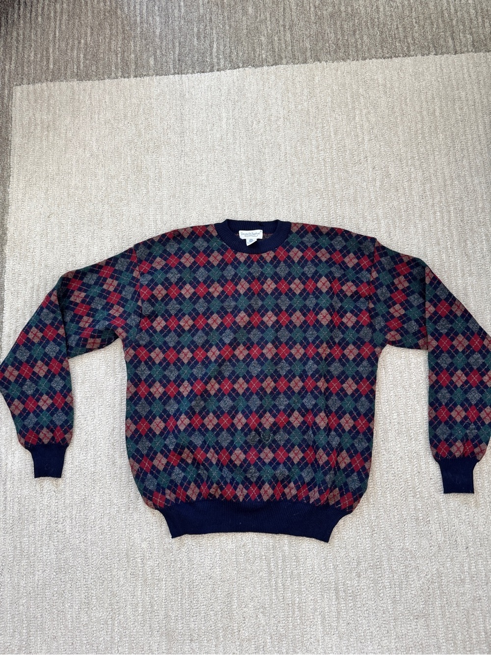 Argyle Crewneck Sweater in Navy with Red and Green Accents